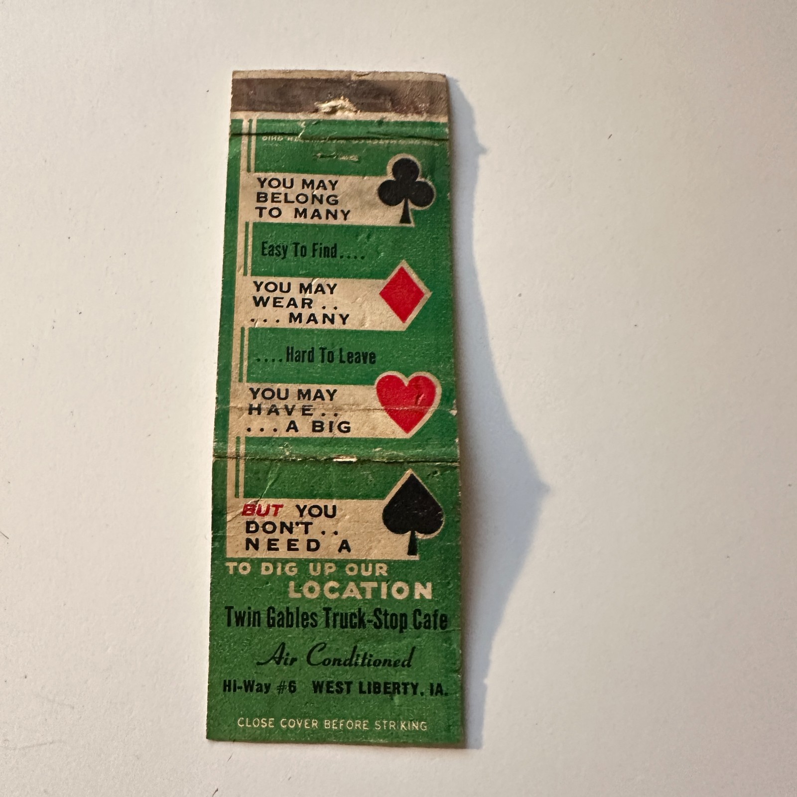 Twin Gables Truck- Stop Cafe Hwy 6 W Liberty IA Vintage Matchbook Cover 4MB119-1