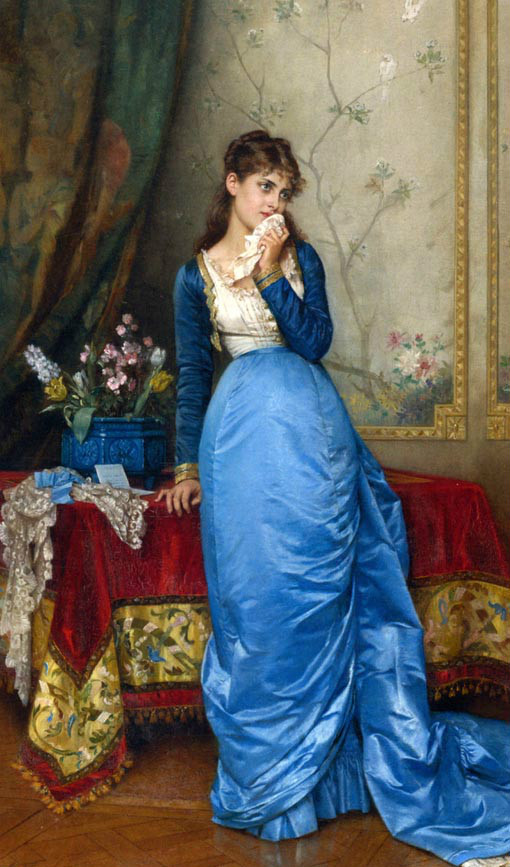 Oil painting beautiful young girl wearing blue dress holding Handkerchief stand