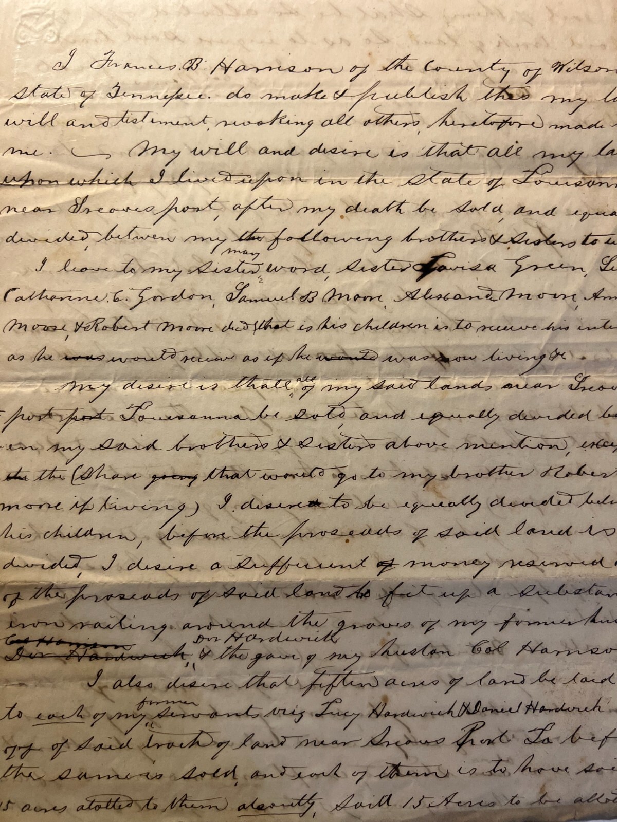 1867 Handwritten Will of Fancis Harrison - Servant and LA Plantation Historical