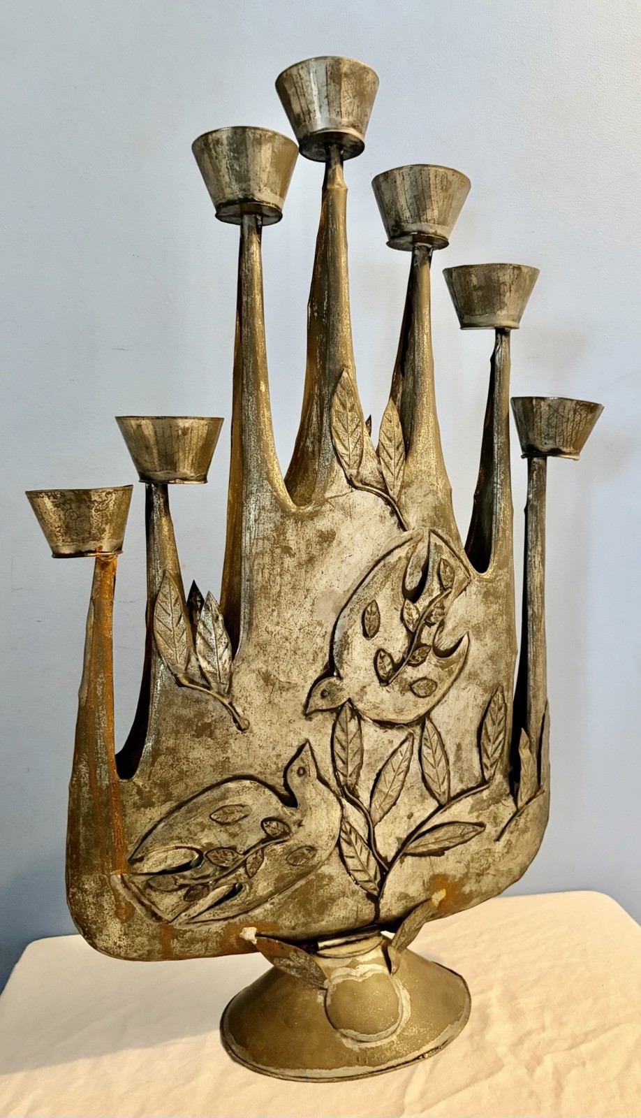 Vintage MCM Brutalist Big 23” Mexican Tin 7 Candelabra attributed to Gene Byron