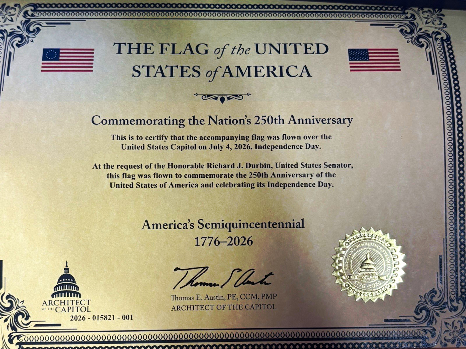 U.S. Flag ( 5 x 8 ) Flown Over U.S. Capitol July 4 2026 w/ Certificate