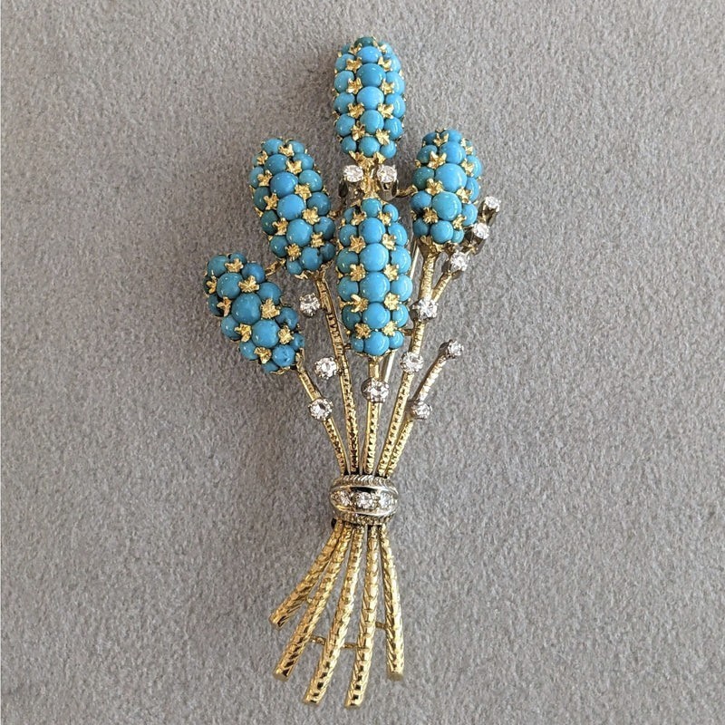 Estate Turquoise and Diamond Clusters Brooch Pin in 18K Yellow Gold Over 2.55