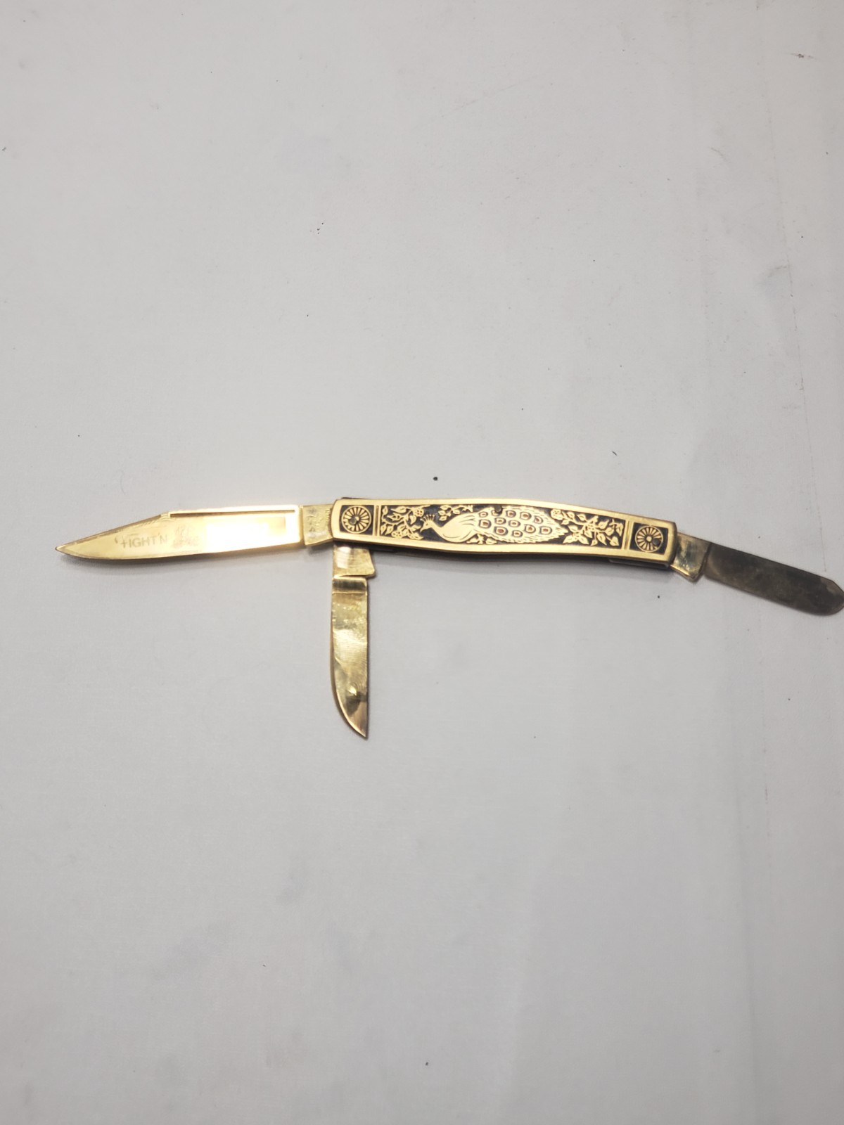 Vintage Fight’n Rooster Solingen Germany 3-Blade Pocket Knife Gold Tone Peacock