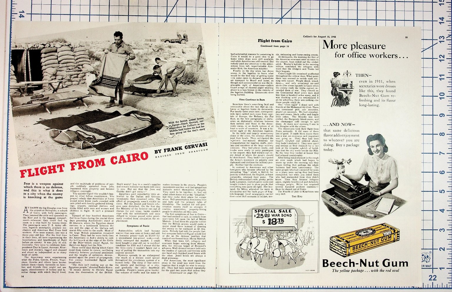 1942 Collier\'s Magazine Page WWII Cairo Article & Vintage Beech-Nut Gum Ad