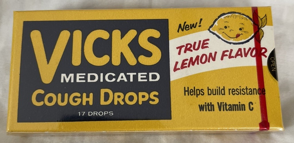 Vintage 1970’s VICKS TRUE LEMON FLAVOR COUGH DROPS BOX  Sealed  NOS