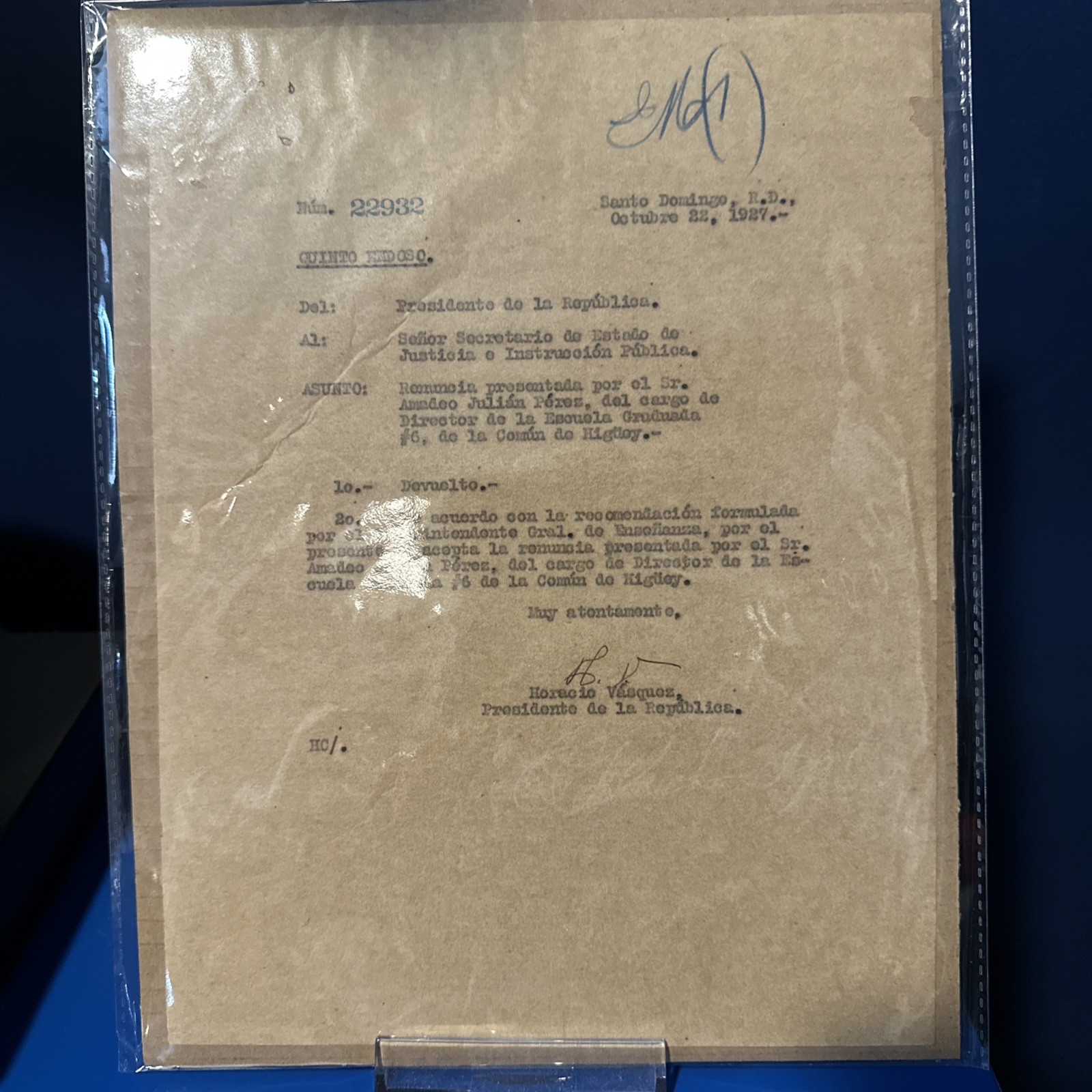 1927 Signed Document Horacio Vasquez President Of The Dominican Republic 