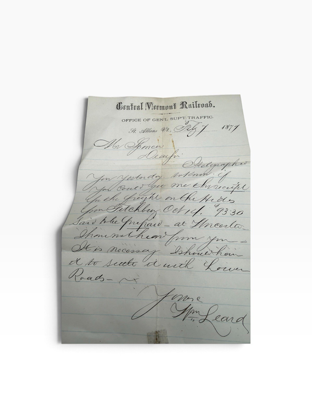 1877 Central Vermont Railroad Handwritten Letter Gen\'l Sup\'t Traffic St Albans