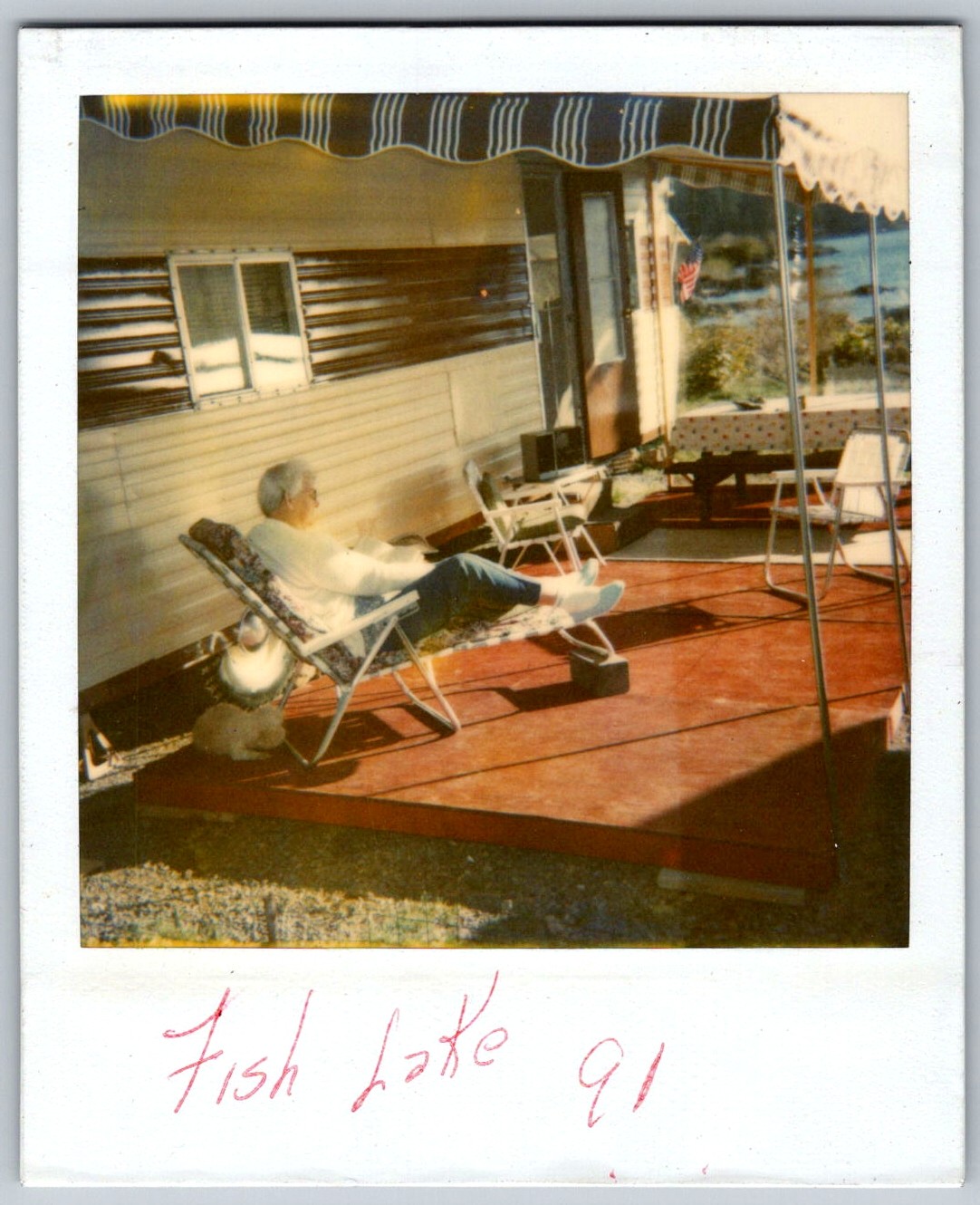 Vtg Polaroid Snapshot Photo Elderly Woman Relaxing Camper Deck Fish Lake
