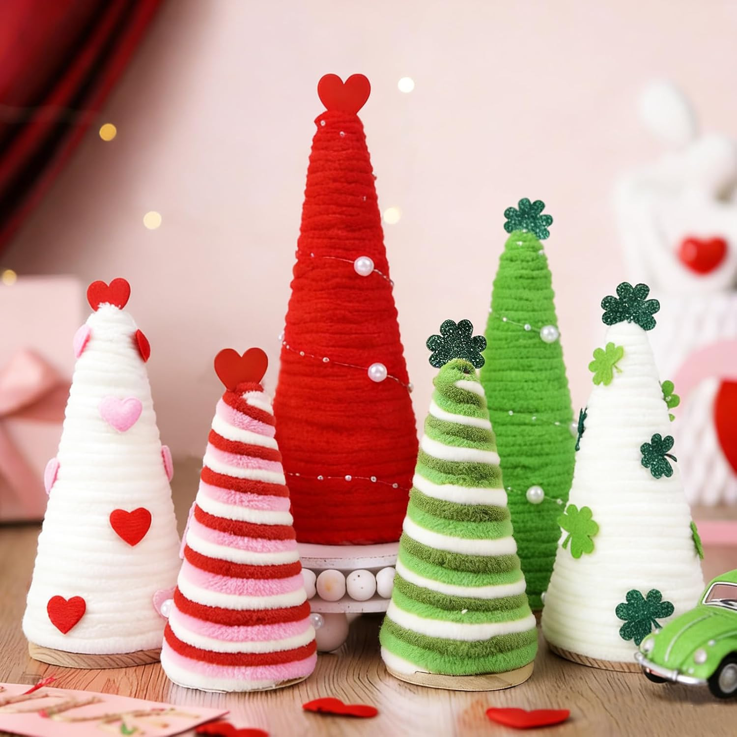 6 Pcs St. Patrick'S Day&Valentine'S Day Tree Table Decor,Yarn Wrapped Mini Trees