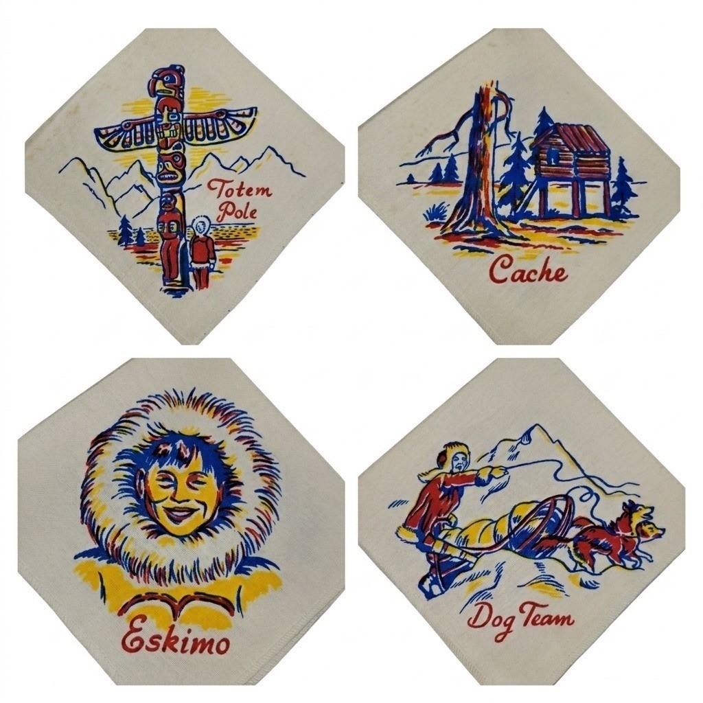 Vintage Mid-Century Alaska Souvenir Napkin Set 4 Native Art Totem Pole Dog Team