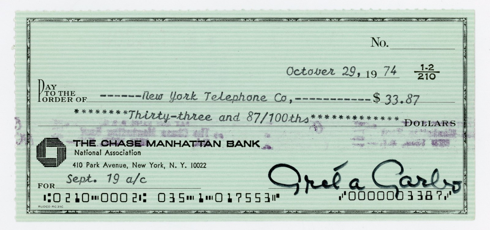 Greta Garbo ~ Signed Autographed Authentic Personal Check (1974) ~ JSA LOA