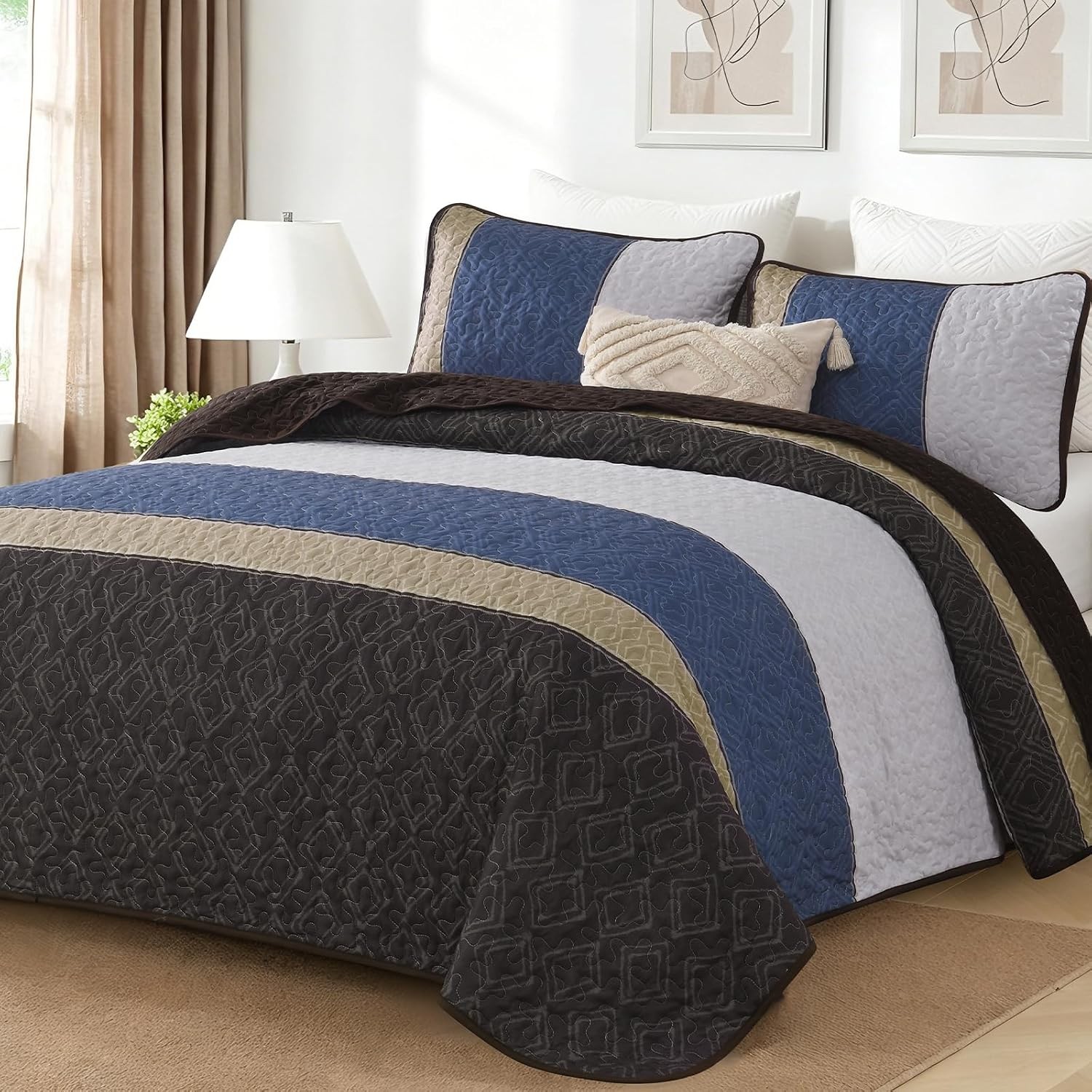 Quilted Bedspread Set 3 Piece Brown Tan Geometric Boho Coverlet 2 Pillow Shams