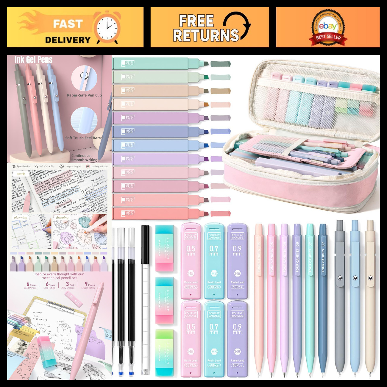Cute Pencil Case with 39ct School Supplies - Four Candies, Pink Stationery Set