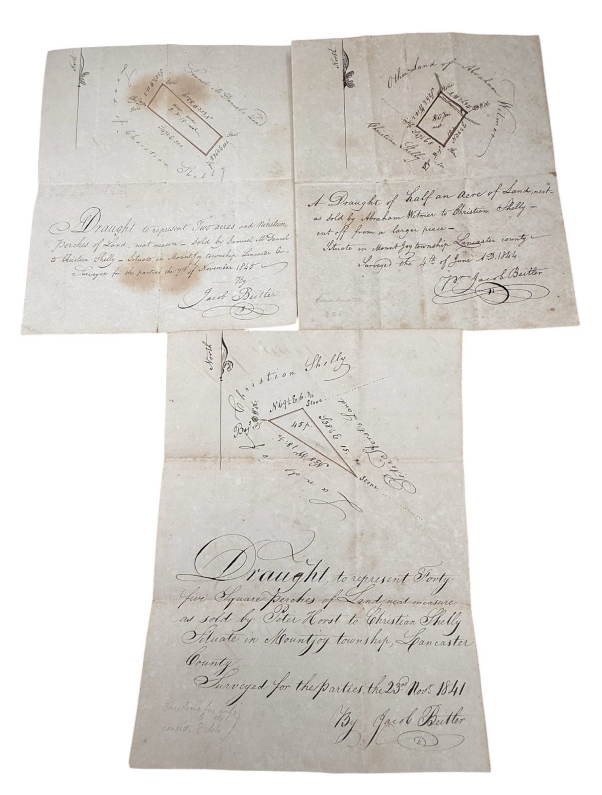 3 Antique Hand Drawn Pennsylvania Land Plats Lancaster County 1841-1845