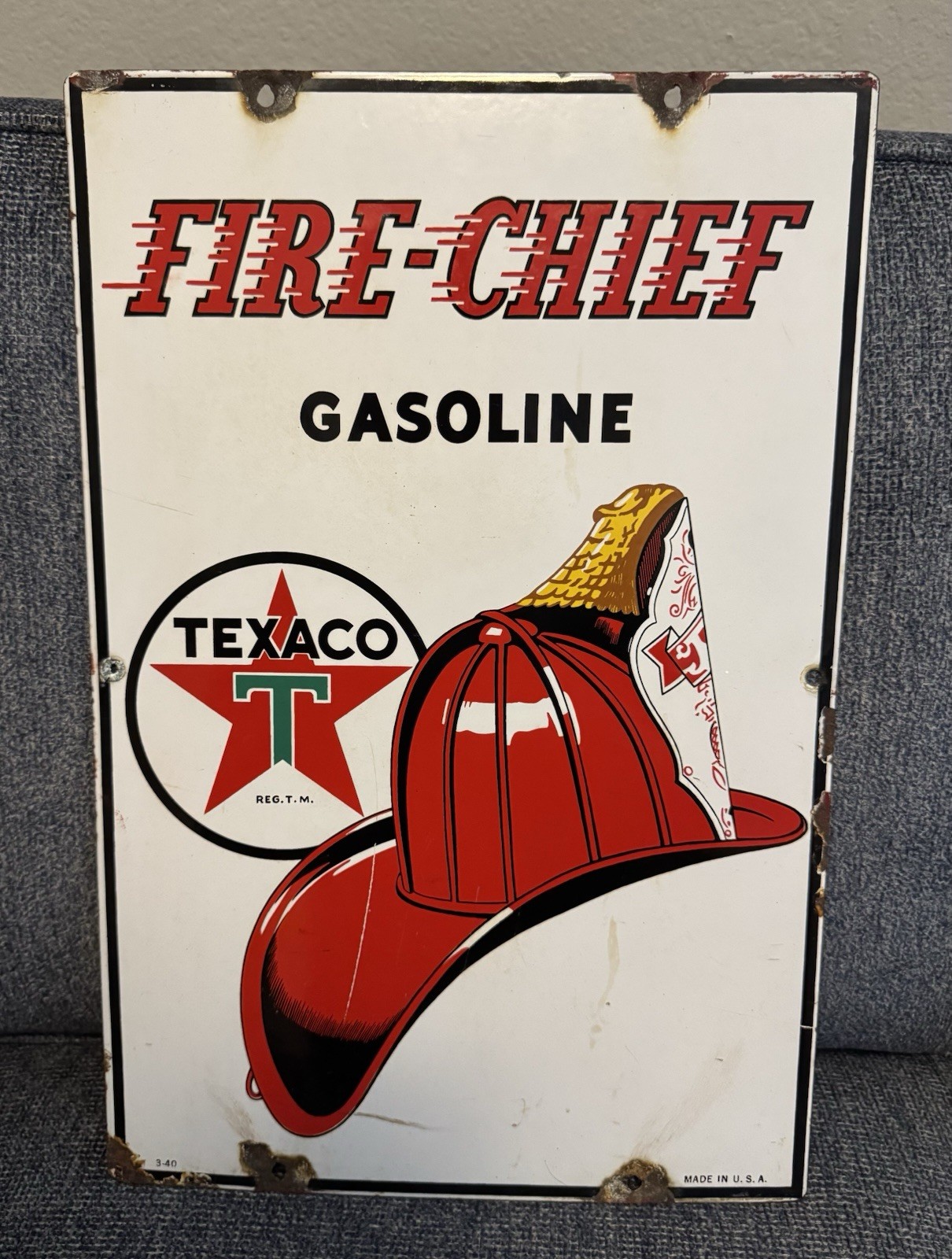 Original Vintage 1940 Texaco Fire Chief Gasoline Porcelain Pump Plate Dated 3-40