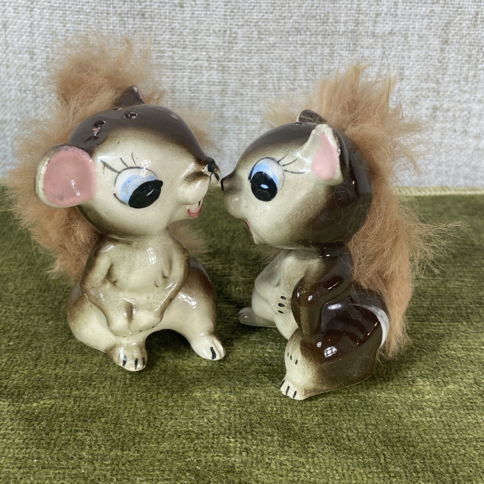 Vintage Anco Fluffy Fur Tail Squirrel Salt and Pepper Shakers Mid Century Kitsch