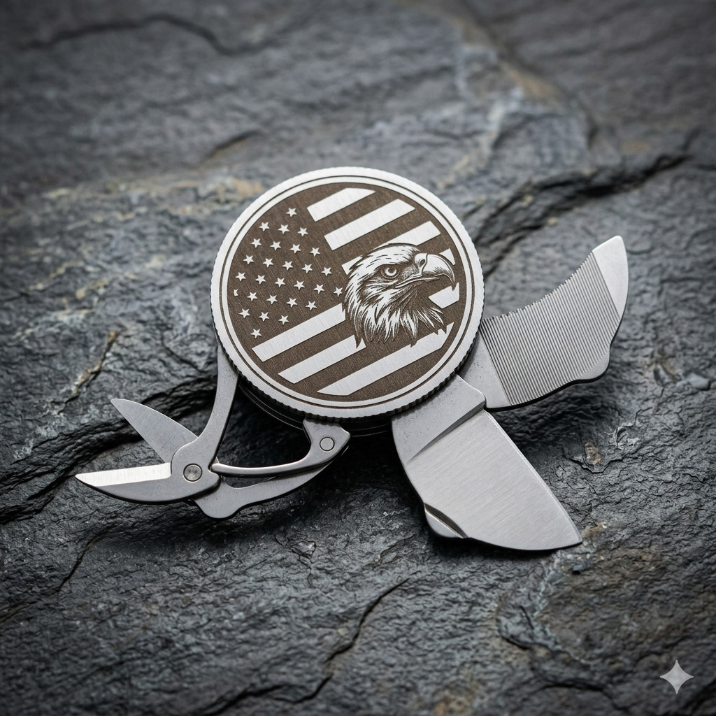 Patriotic US Flag Eagle Stainless Steel Coin 3 in 1 Tool Knife File Scissors