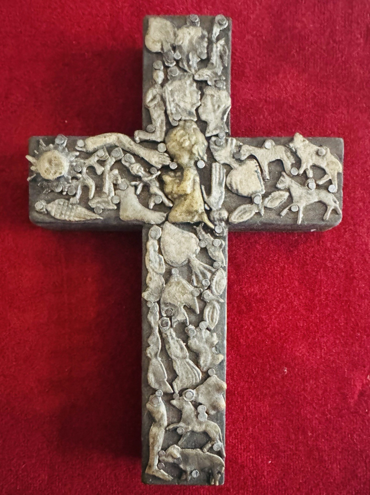 Vintage Milagros Wood Cross Estela Ogazon Mexican Folk Art Praying Child Heart