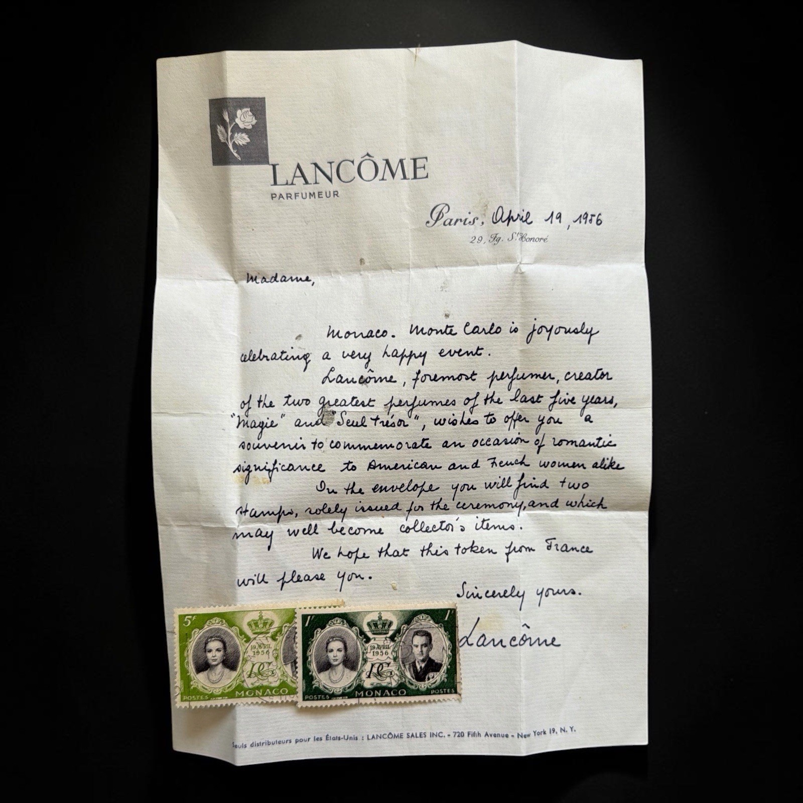 VINTAGE 1956 LANCÔME PARIS PROMOTIONAL LETTER WITH ORIGINAL MONACO ROYAL WEDDING