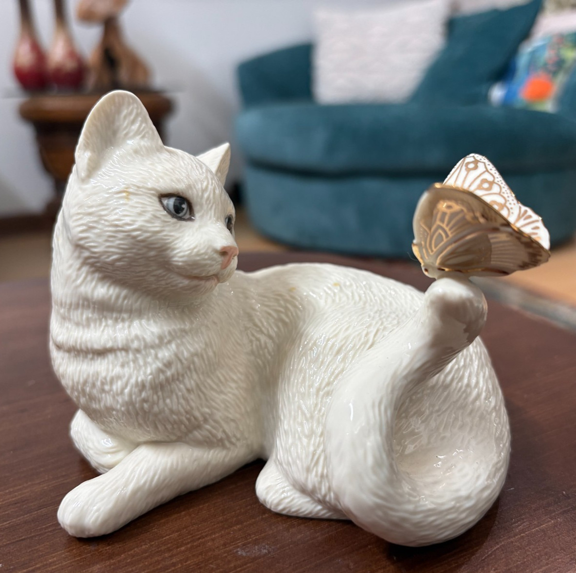 Vintage Lenox Enchantment Porcelain Ivory Blue Eyes Cat Gold Butterfly Figurine