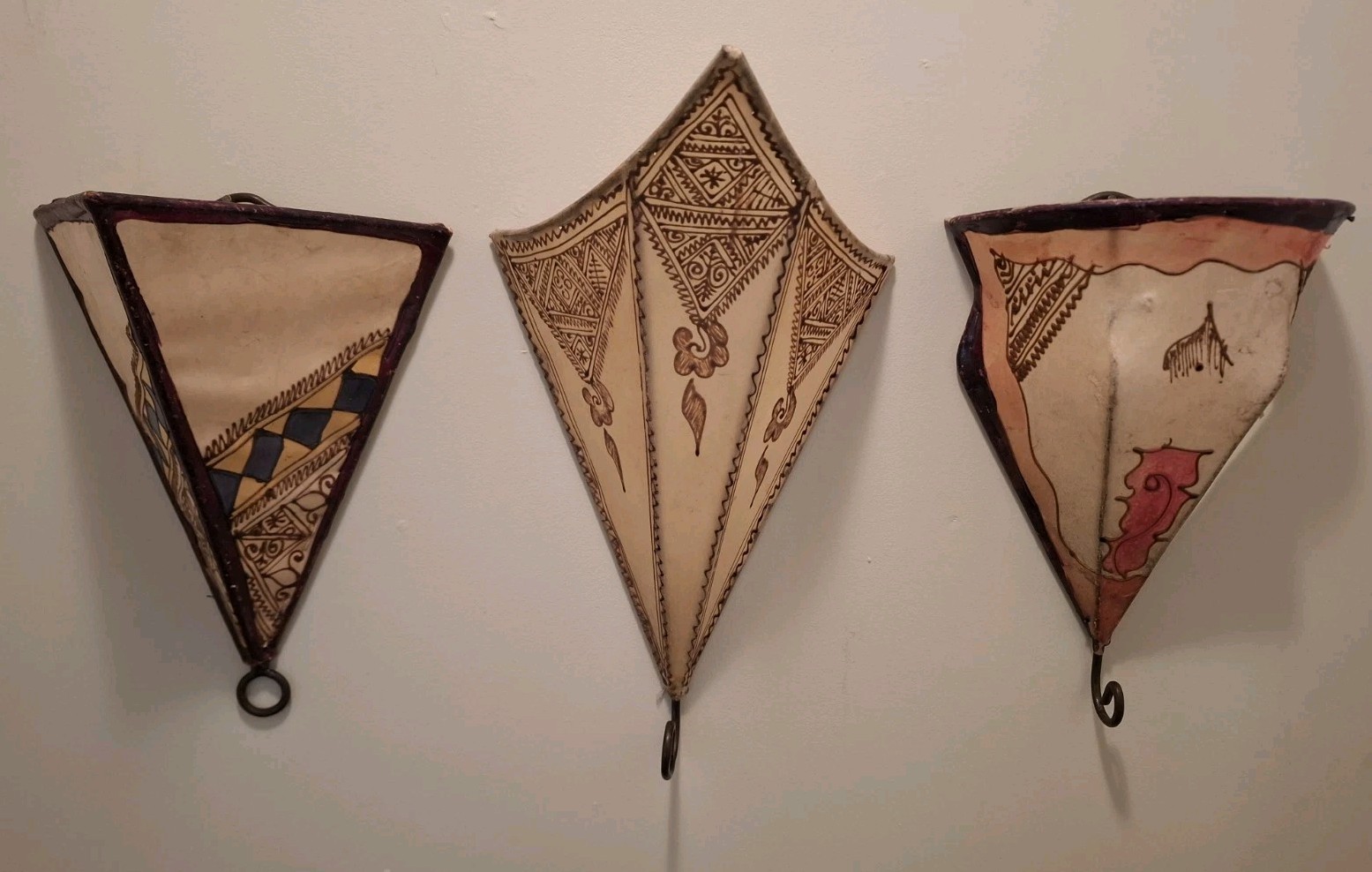 Vintage Handcrafted Set of 3 Moroccan Folk Art Sconces Triangular Goat Hide 