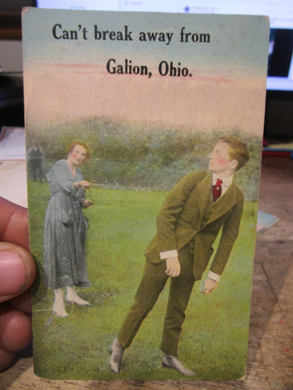 U25 Old VICTORIAN HUMOR FUNNY Postcard Galion Ohio Lovers Woman Ties Up Man Boy