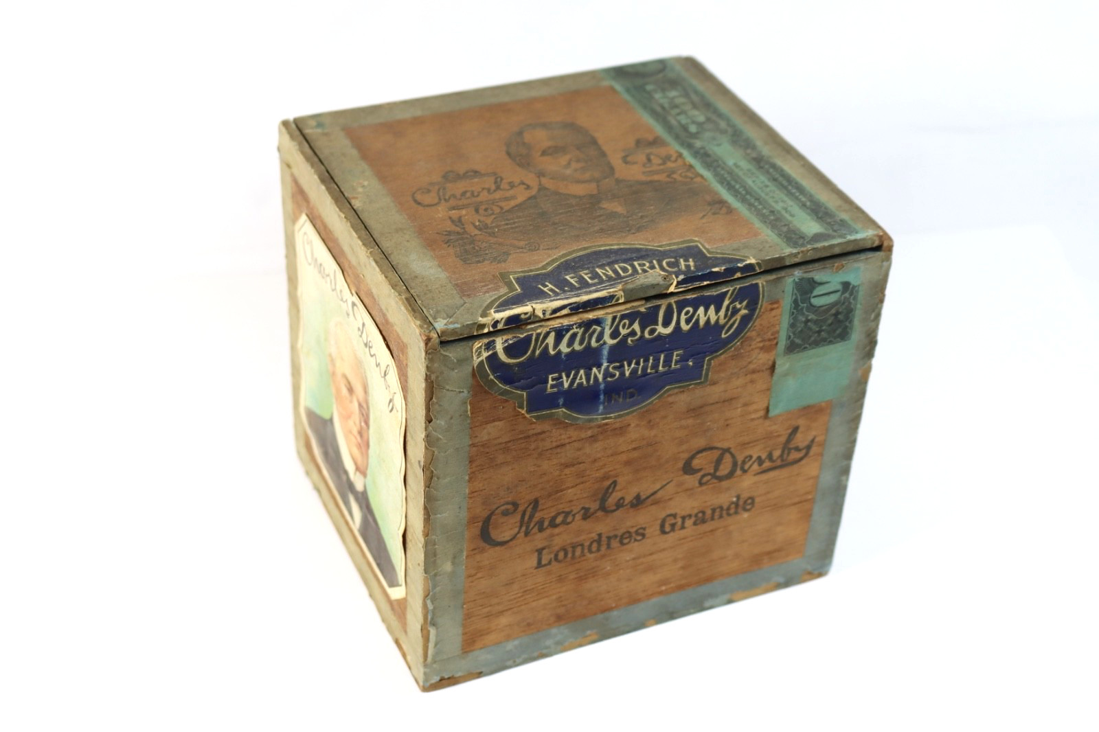 ANTIQUE CHARLES DENBY WOODEN CIGAR BOX 7TH DIST IND H. FENDRICH, 1910 TAX STAMP