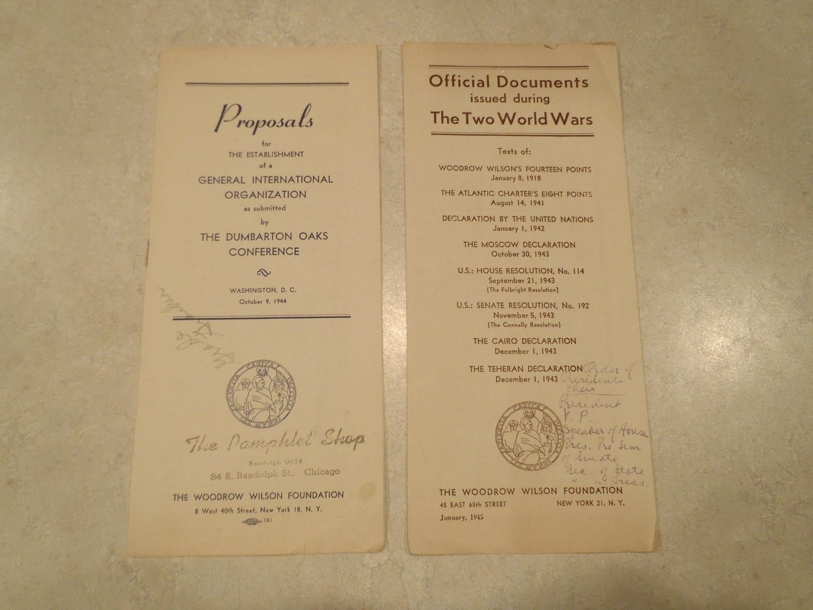 Woodrow Wilson Foundation 1944 United Nations 1945 Documents World Wars Pamphlet