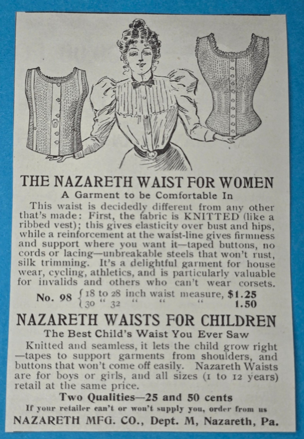Antique 1898 Magazine Ad Nazareth Waist Women Children Nazareth Mfg Pennsylvania