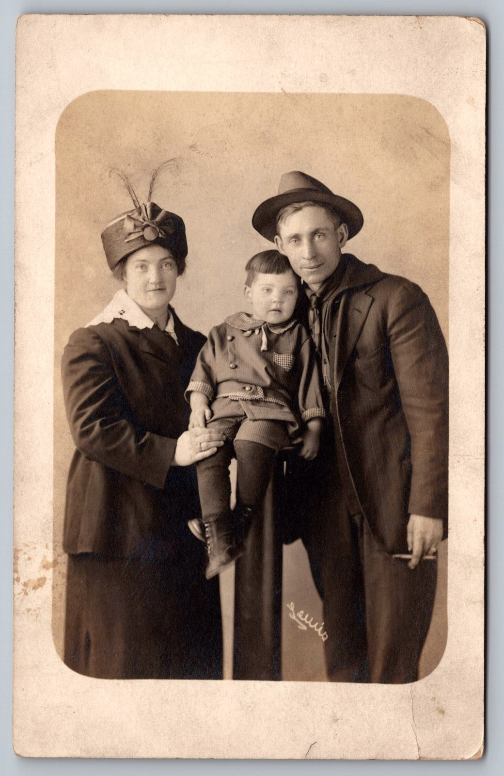 Sturdy Young Family~Couple w/Boy~Fancy Feather, Fedora Hats c1920s RPPC Postcard
