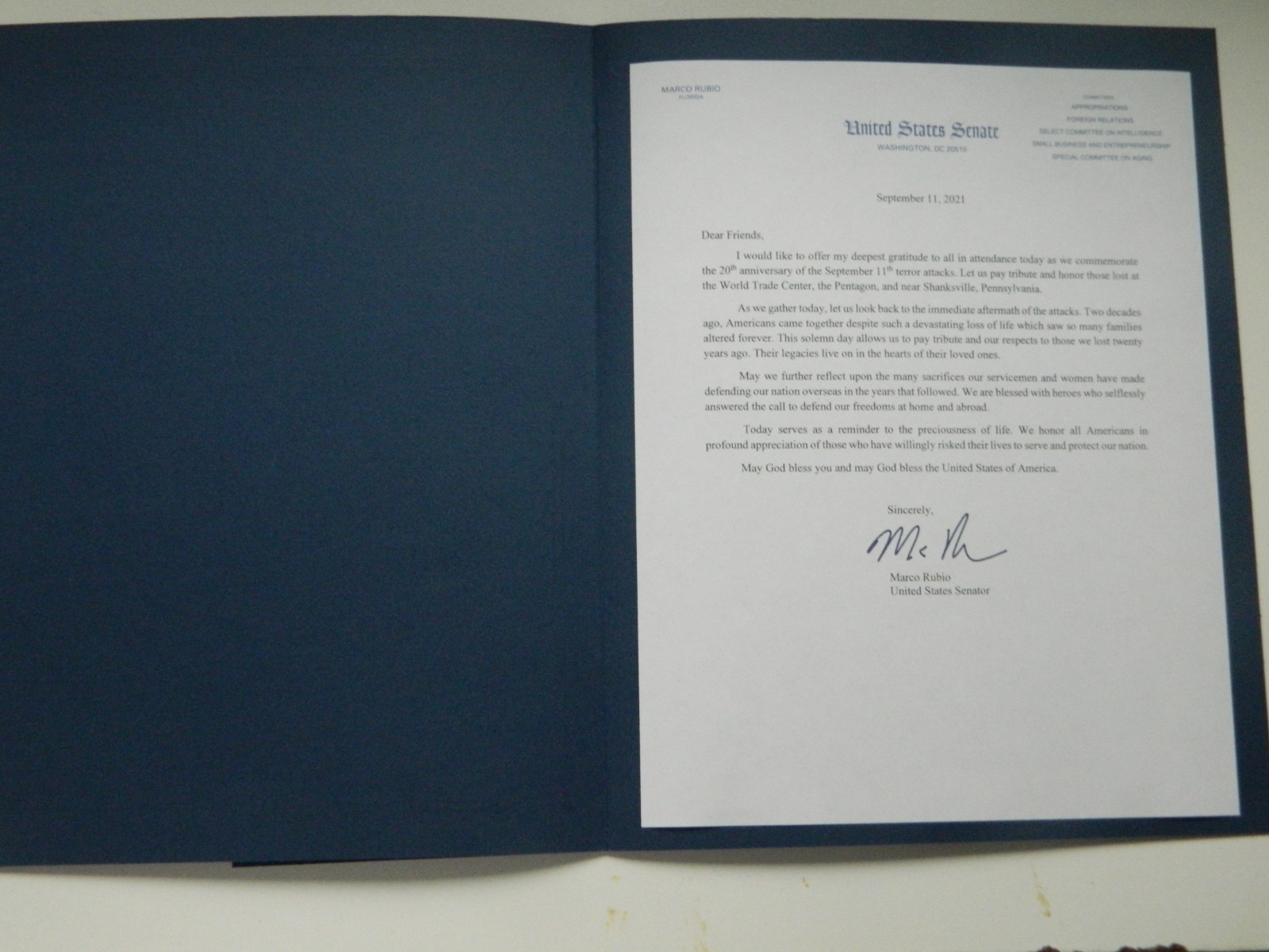 MARCO RUBIO SIGNED LETTER WITH SEAL  COMMEMORATING  THE 20th YEAR  9/11 ATTACK