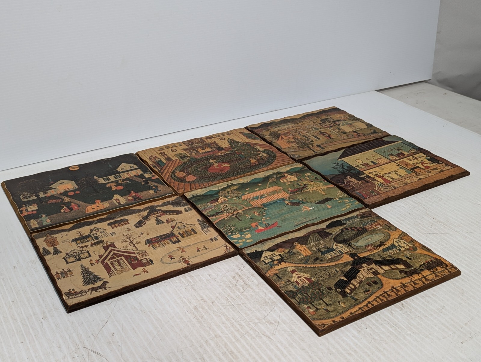 Set of 7 Early Colonial Life Pictures on Wood, Americana, 8.5