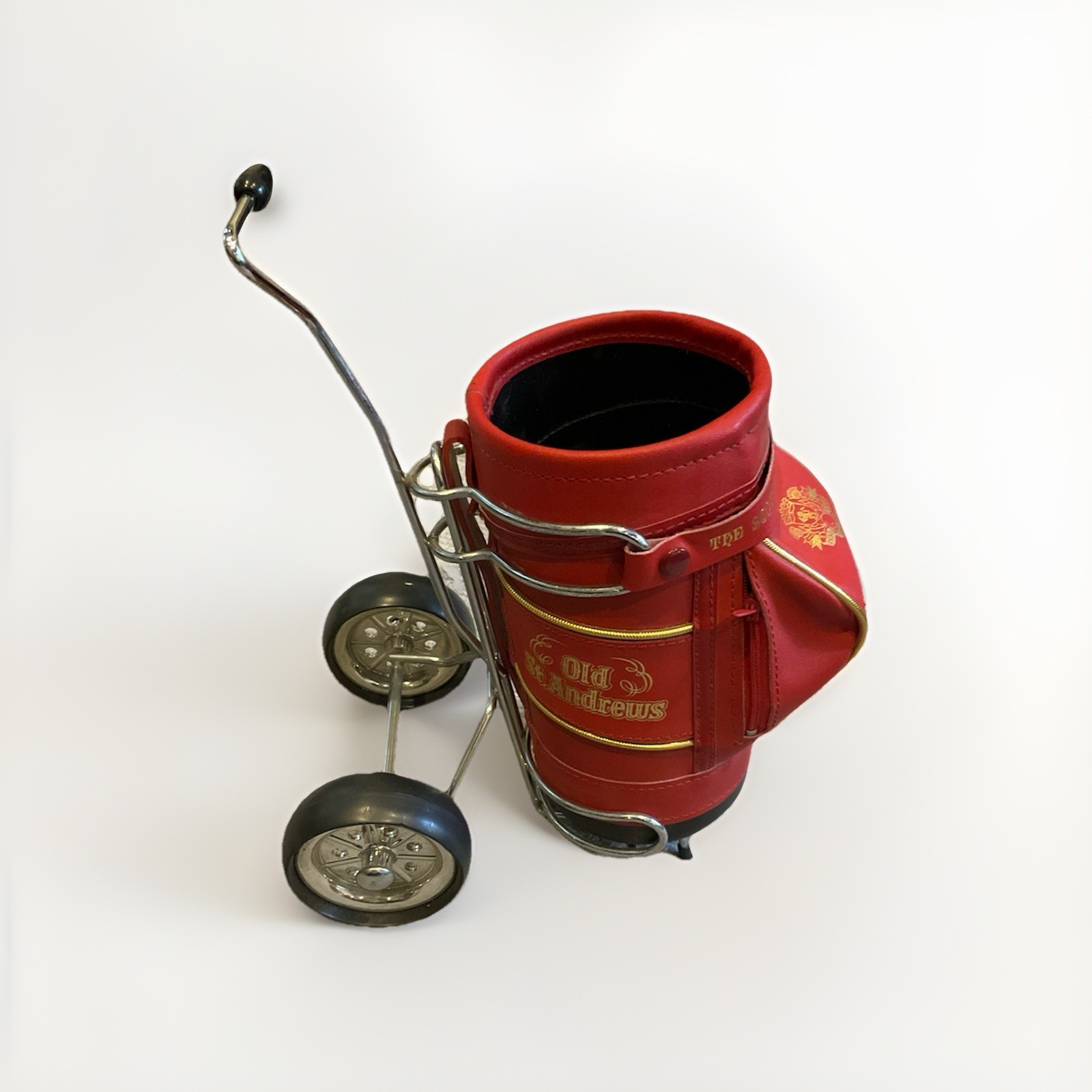 Vintage Old St Andrews Scotch Whisky Golf Bag Trolley Cart Holder w Tees