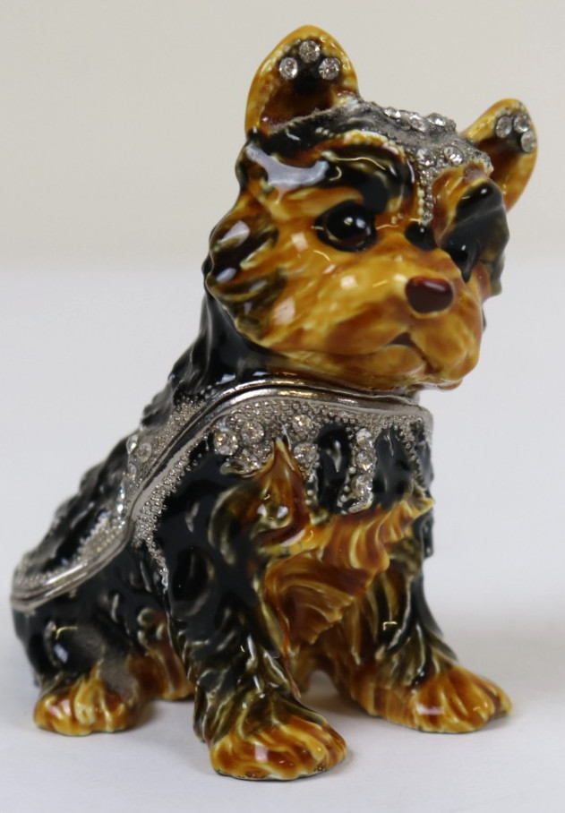 Vintage Yorkie Bejeweled Enamel Fabrege Style Hinged Trinket Jewelry Box