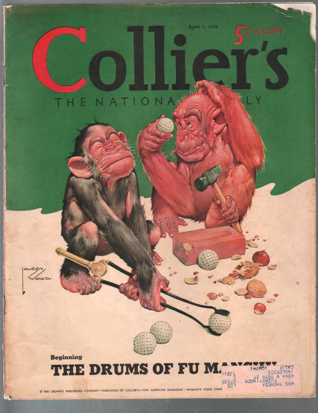 Colliers 4/1/1939-Lawson Wood monkey cover-Sax Rohmer-pulp thrills-VG-