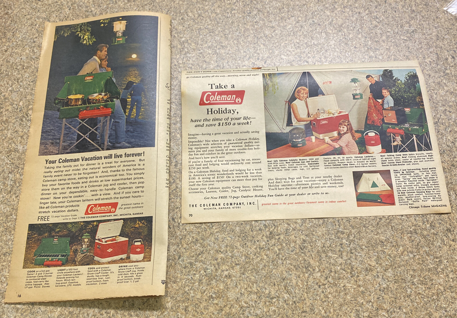 2 LOT Vintage 1960s Coleman Outdoor ADS Tent Lantern Stove Thermos Wichita KS