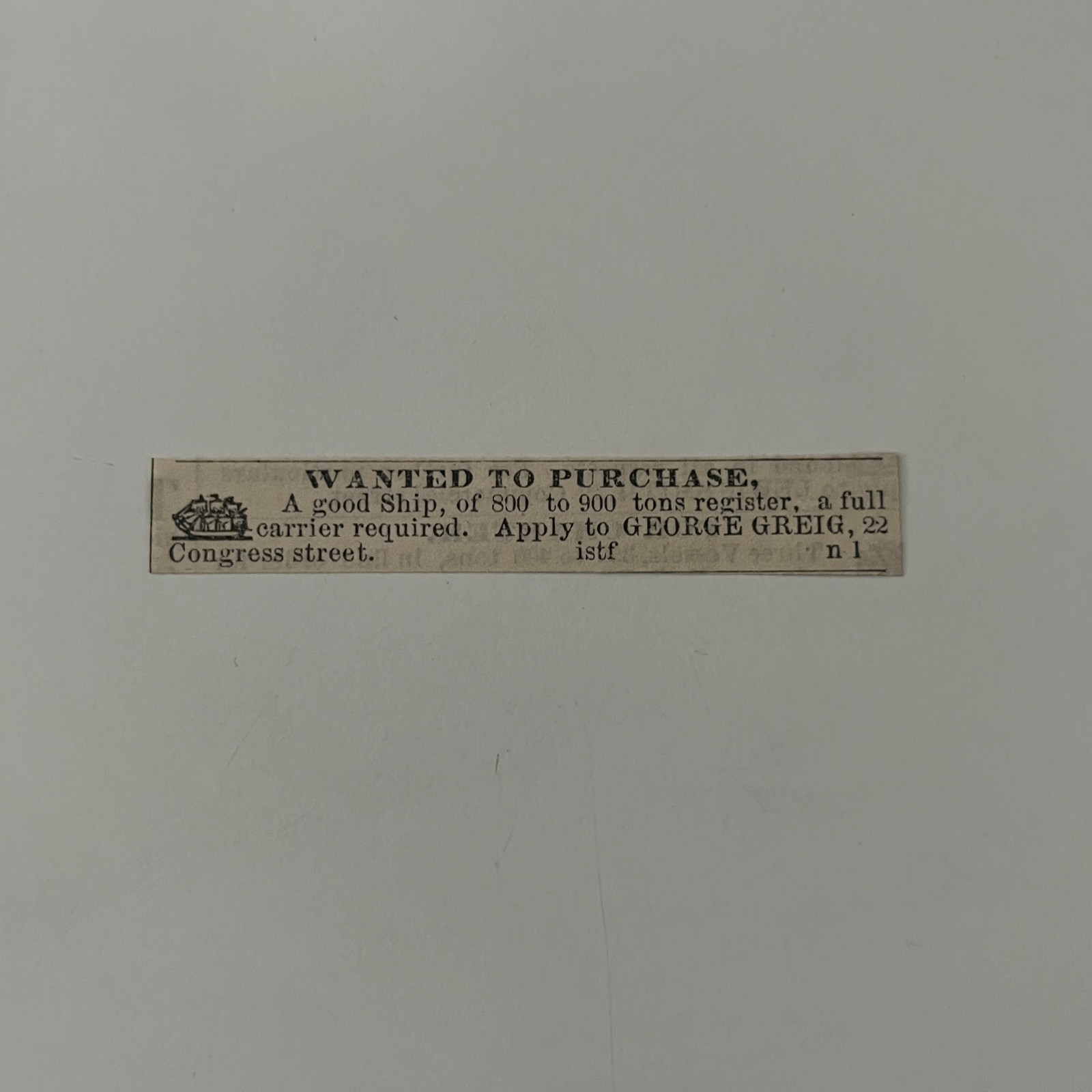 George Greig Wanted to Purchase 1860 Boston Clipping TAJ7-S51