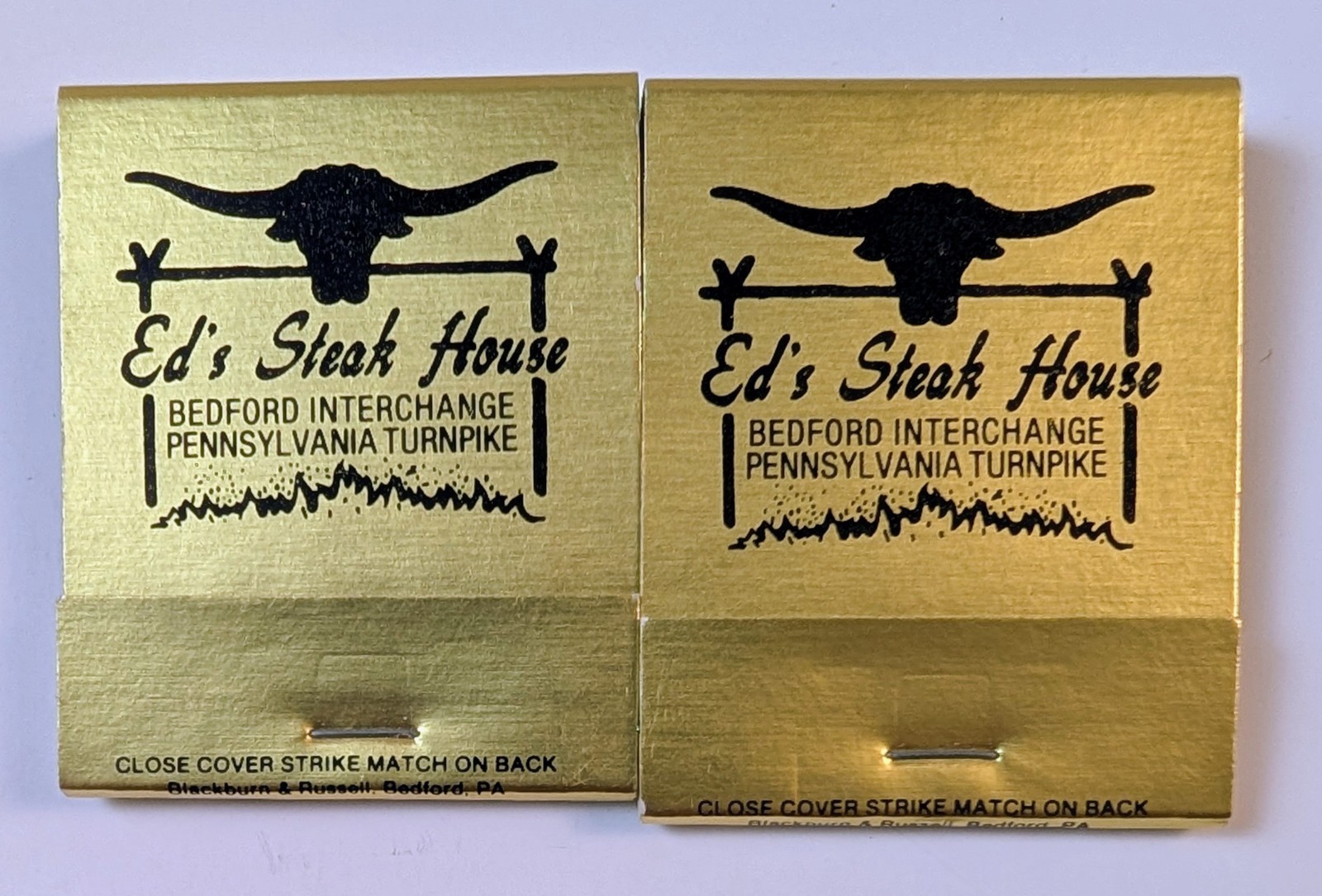 Vintage Ed\'s Steak House Bedford PA Gold Advertising Matchbooks Pair Matches