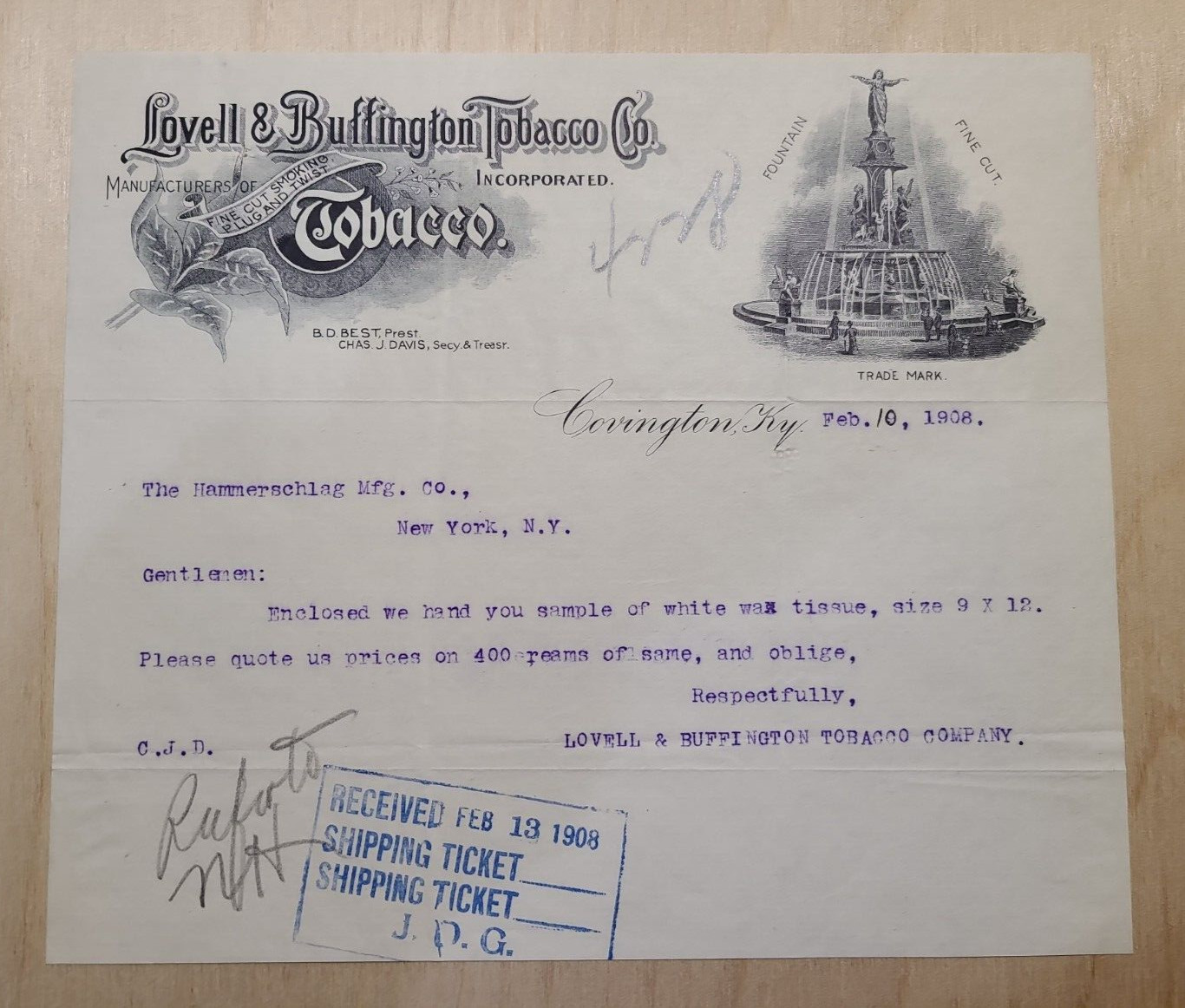 1908 Antique Document, Lovell & Buffington Tobacco Co. Covington KY, Signed   *6