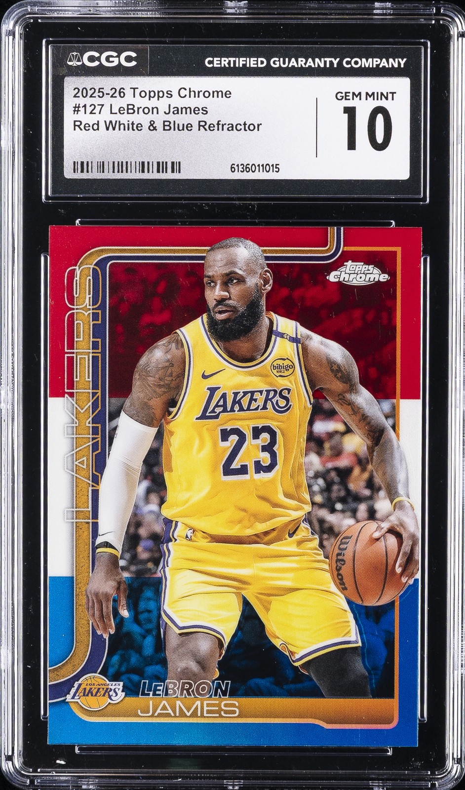 2025-26 TOPPS CHROME RED WHITE & BLUE REFRACTOR LEBRON JAMES CGC 10 GEM MINT