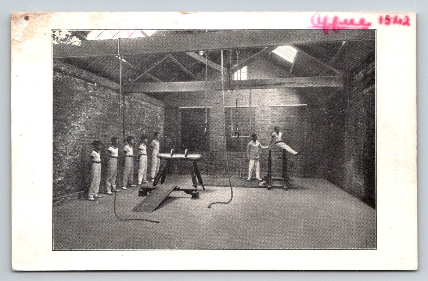 Vintage Real Photo Postcard Gymnasium Training Pommel Horse 1942 RPPC WW2 Era