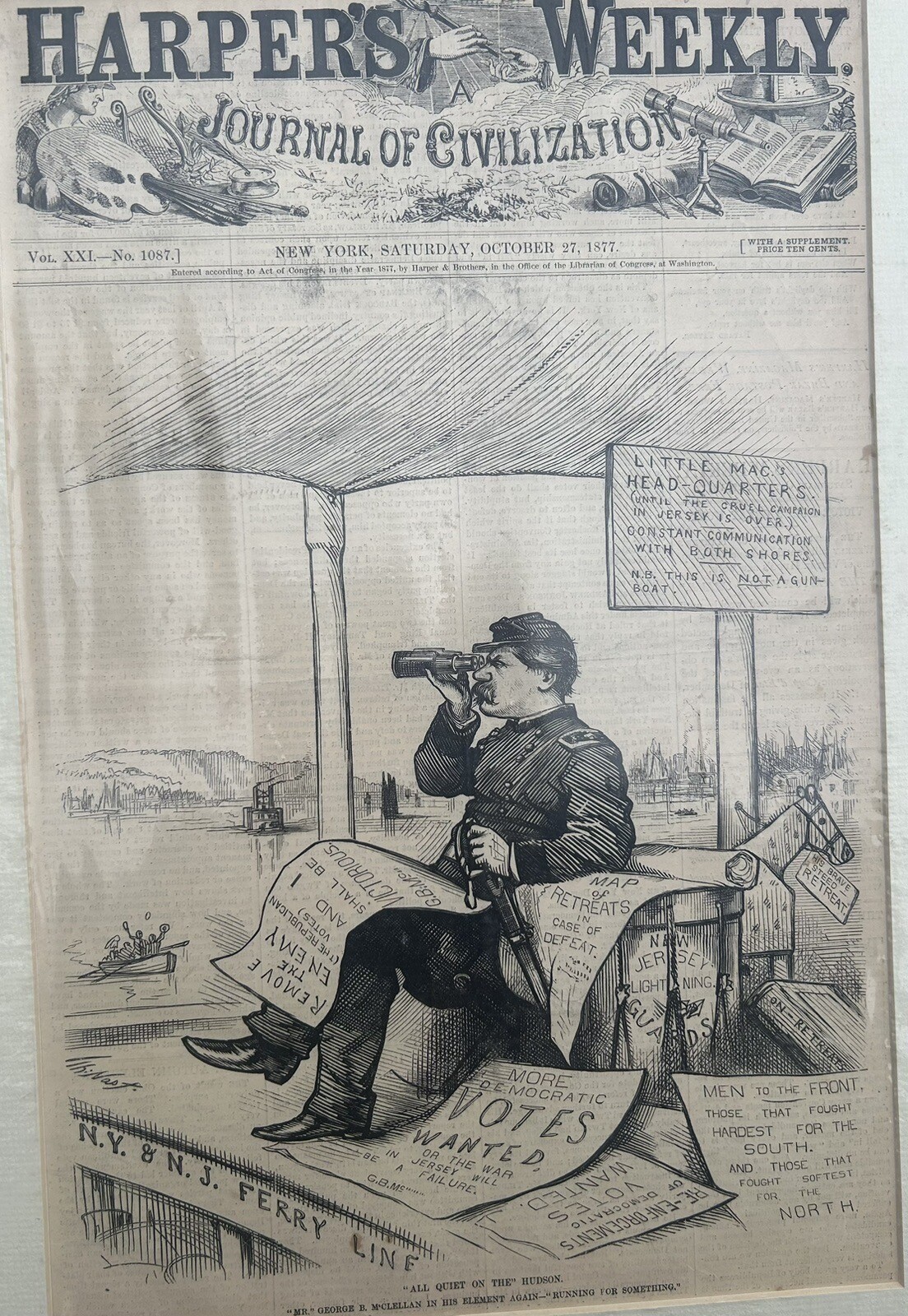 1877 Harper’s Weekly Gen’l McClellan  Runs NJ Gov Campaign  THOMAS NAST ILLUS.