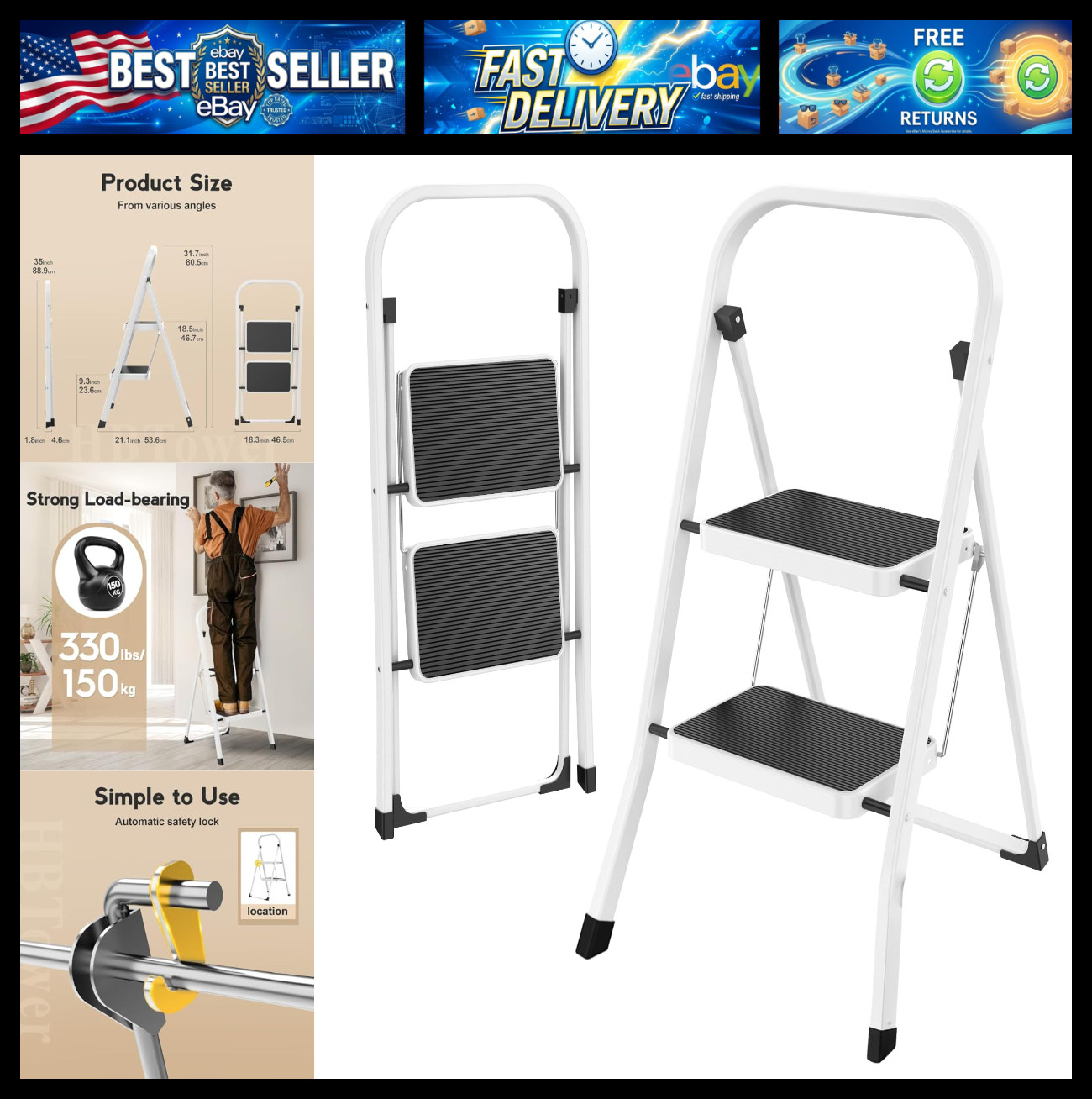 HBTower Step Ladder Folding Step Stool for Adults with Anti-Slip Pedal