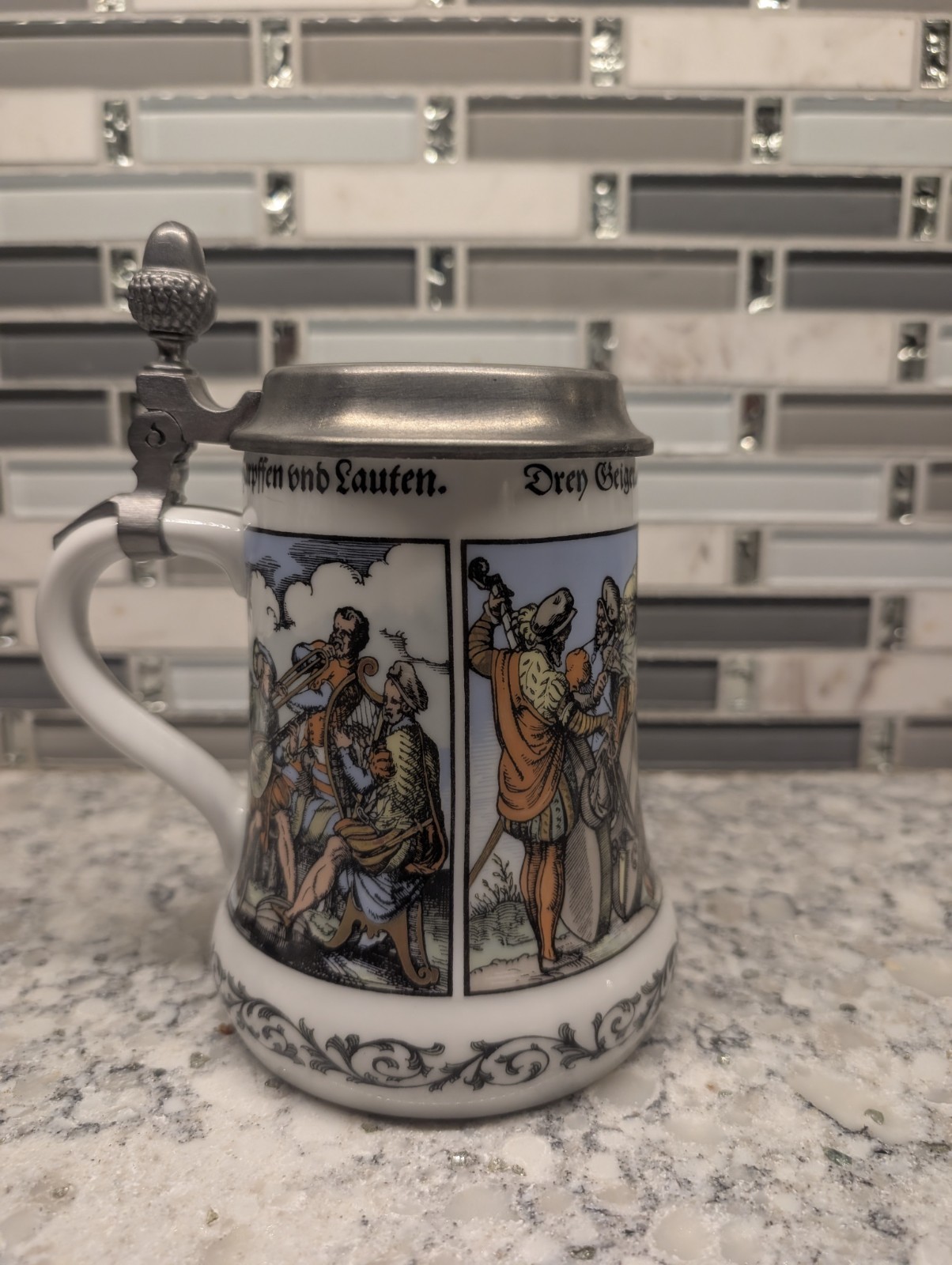 Vintage AK Kaiser W Germany Porcelain Beer Stein Pewter Lid Medieval Musicians