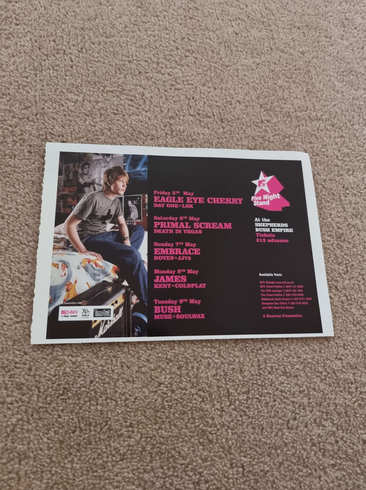 TNEWM115 ADVERT 5X8 MTV FIVE NIGHT STAND : PRIMAL SCREAM, EMBRACE