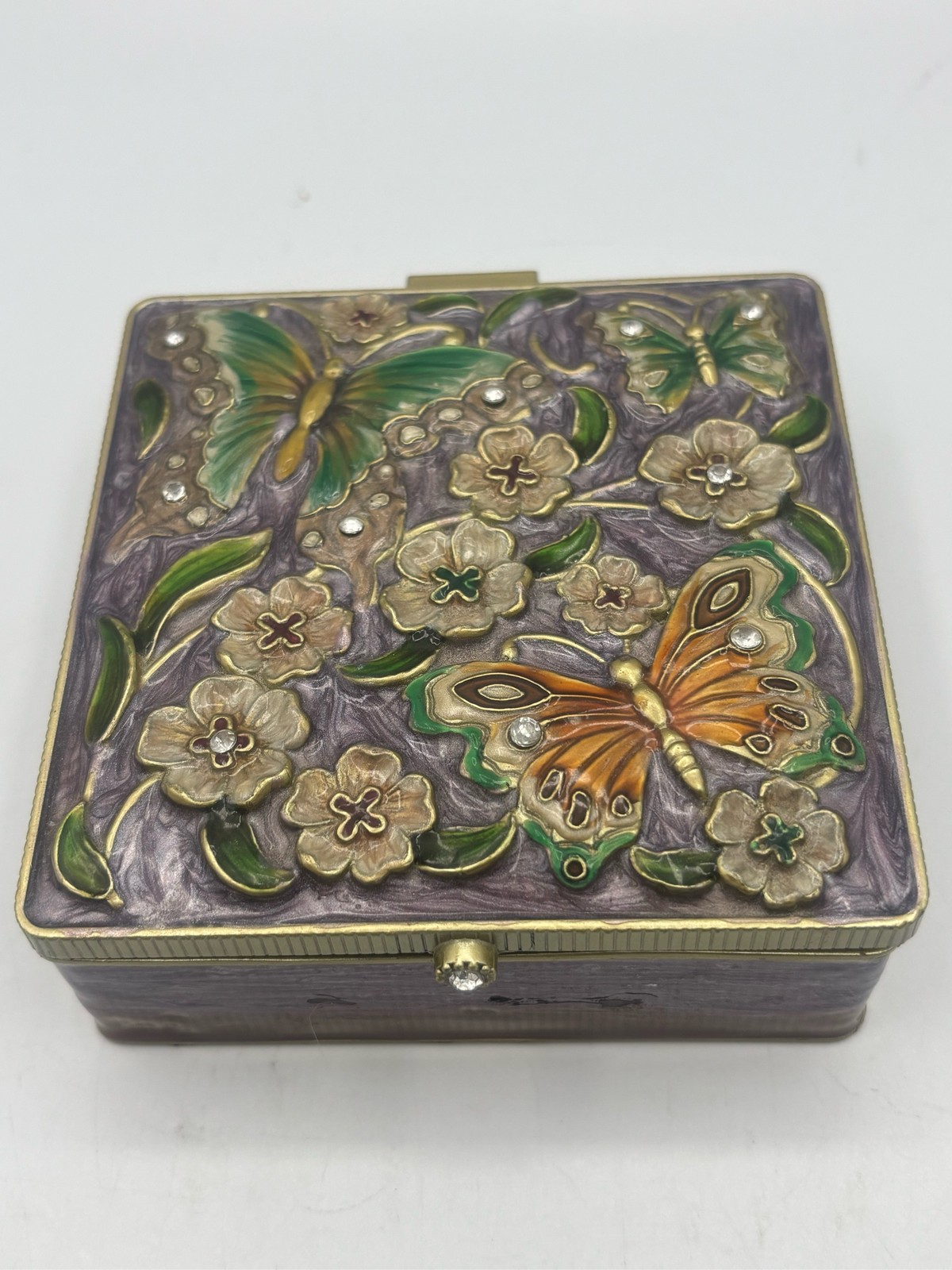 Enameled Bejeweled Butterfly Floral Hinged Trinket Box  Interior Mirror  Velvet