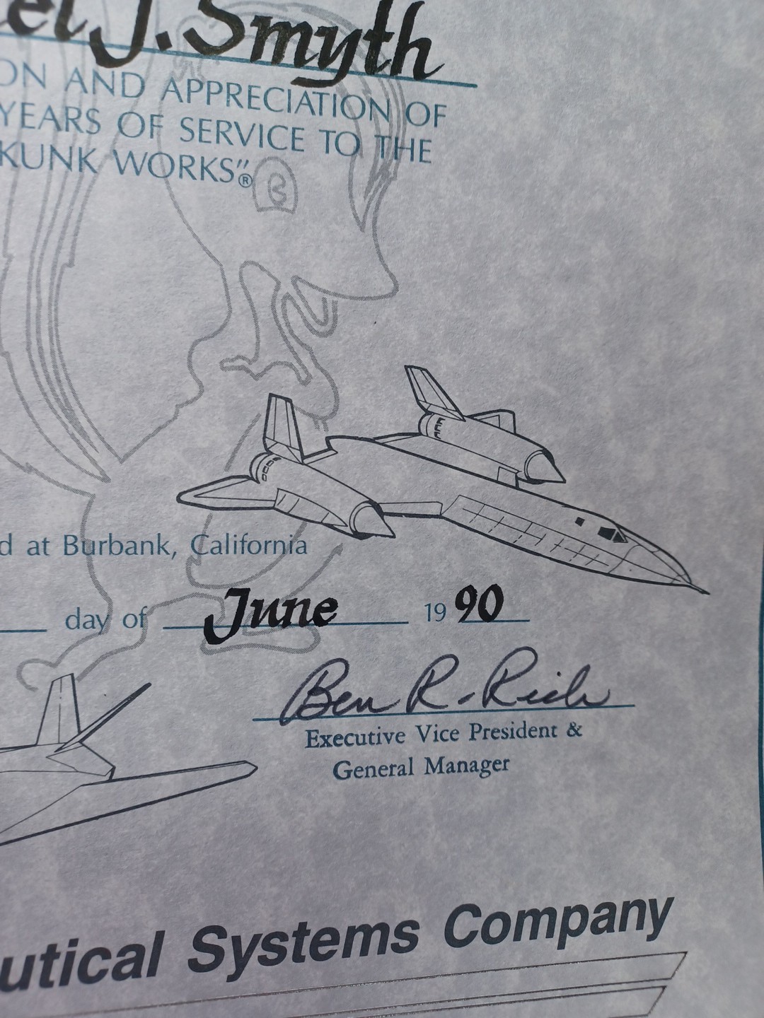 1990 Lockheed Retirement Certificate Samuel J Smyth Signed by Ben Rich JRR29