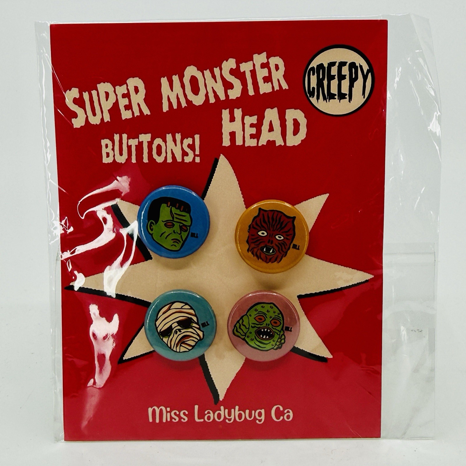 Retro Miss Ladybug Vtg Halloween Pinback Button Set Wolfman Frankenstein Mummy