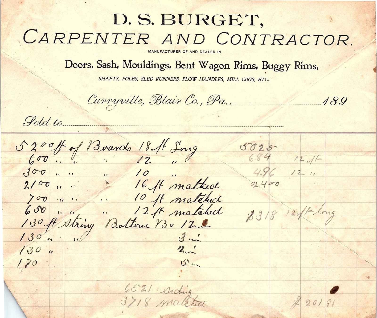 Vintage D. S. Burget Carpenter & Contractor billhead, 189x