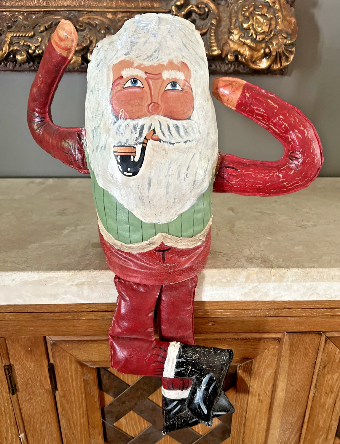 VTG. 1940's 50's HANDMADE GERMAN SANTA CLAUS SHELF SITTER WAXED FABRIC FOLK ART